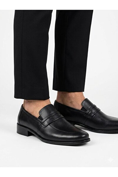 Fosco Men's Black Laceless Genuine Leather Classic Shoes