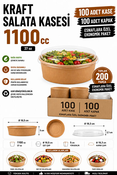 OPTİMEX Kraft 1100 cc 37 oz Kapaklı 100 Adet Bowl Waffle Salata Meyve Tatlı K...