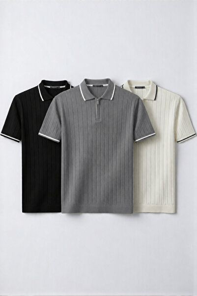 legends butik Set de 3 tricouri pentru bărbați, tricotaje cu nervuri, cu gule...