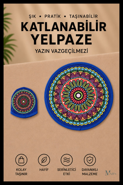 MAZEN Mandala Desenli Katlanabilir Yuvarlak Yazlık Taşınabilir El Yelpazesi