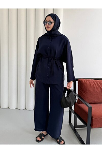 Modaensarbutik Oversize Gömlek Pantolon Tesettür Takım-LACİVERT