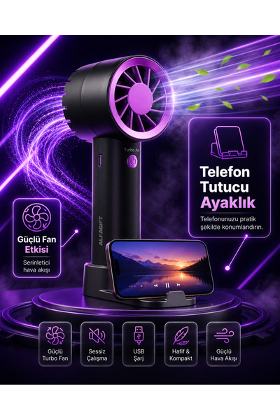 ALFAGİFT USB Şarjlı Turbo Mini Fan Telefon Tutuculu Sessiz Taşınabilir Mini E...