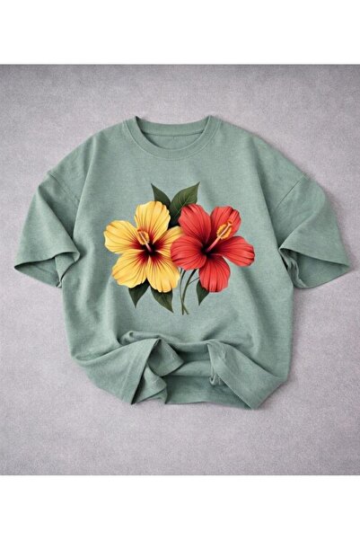 Revasser Women's Floral Special Printed Oversize Crew Neck Combed Cotton T-Shirt