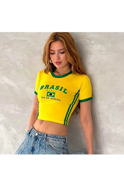 eyonnwear Vintage Brazil Printed Short Sleeve Crop T-Shirt