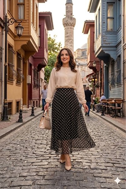 HANIMCA GİYİM Elastic Waist, Polka Dot Pattern, Lined Chiffon Skirt, Size 38 ...
