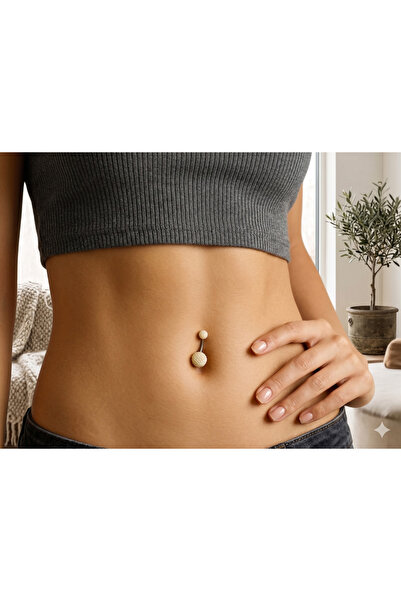shop Altın Renk İnci Detaylı Cerrahi Çelik Göbek Piercing
