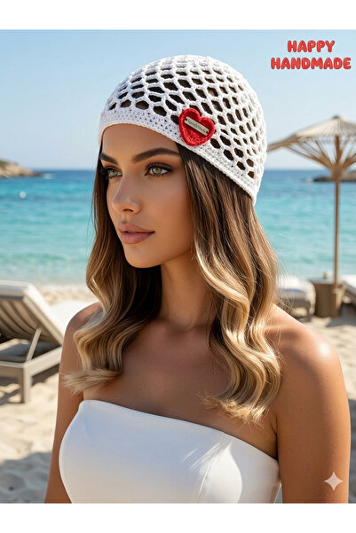 HAPPY HANDMADE Viral Heart-Shaped Handmade Crochet Hat/White Cotton Summer Ha...