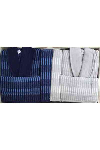 Özdilek Striscia Aile Bathrobe Set - Gray - Navy Blue
