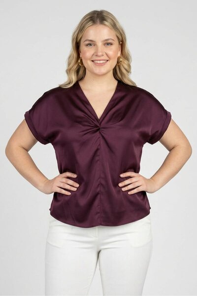 Bebe Women V-Neck Short Sleeve Plain Blouse, Dark Purple