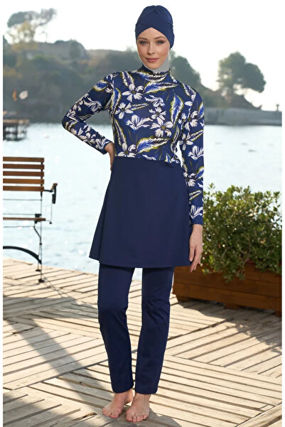 sefamerve Flower Garden Skirted Boneli Hijab Swimsuit 25930-01 Navy Blue