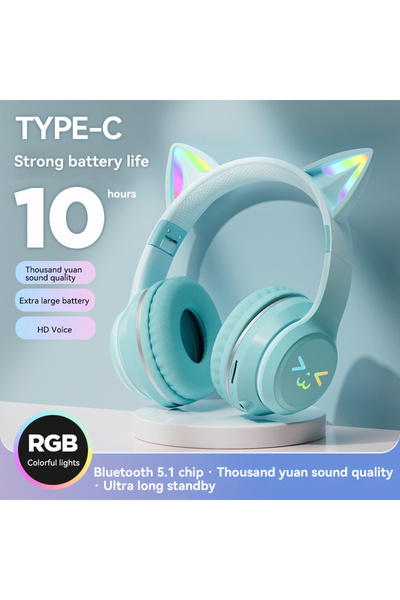 Choice3 green Gradient wireless Headphones RGB cute cat ear Bluetooth Earphon...