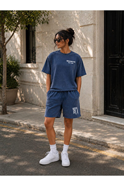 ZAVIXO Γυναικείο σετ σορτς oversize με ξεβαμμένο σχέδιο, μοντέρνα μόδα δρόμου