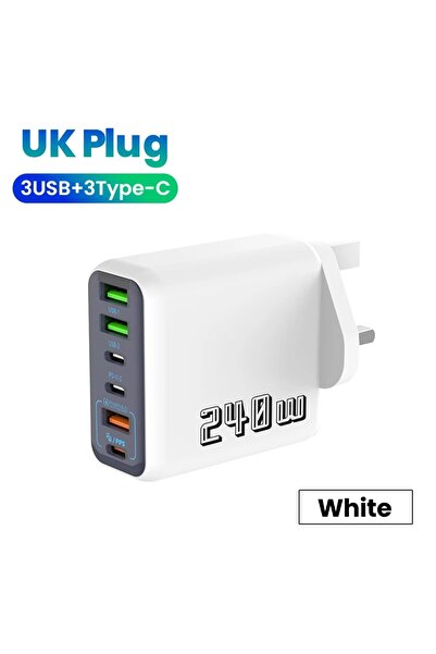Choice5 شاحن USB-C أبيض بريطاني 240 واط بـ 6 منافذ، شحن فائق السرعة PD3.0، شا...