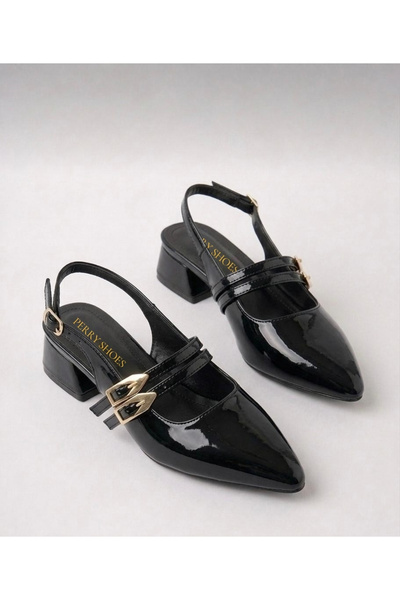 perry shoes Vernis Women's Black Patent Leather Double Strap Buckle Pointed T...