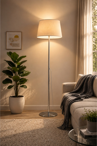 Luna Lighting Lucca Model Krom Metal Ayaklı Bohem Lambader 145 cm Kumaş Başlı...