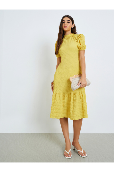 Styli Yellow Textured Puff Sleeves Midi Dress