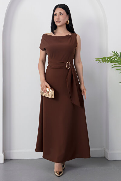PULLIMM Wide Collar Waist Buckle Sleeveless Dress Grs3978