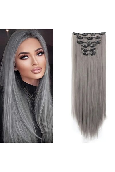 animis beauty Extensii de păr gri, drepte, 16 agrafe, 61 cm, din fibră sintet...