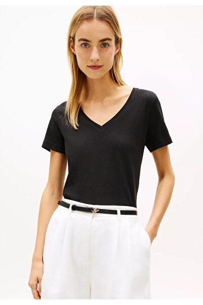 Tommy Hilfiger Women's Regular Fit V-Neck Short Sleeve Black T-Shirt