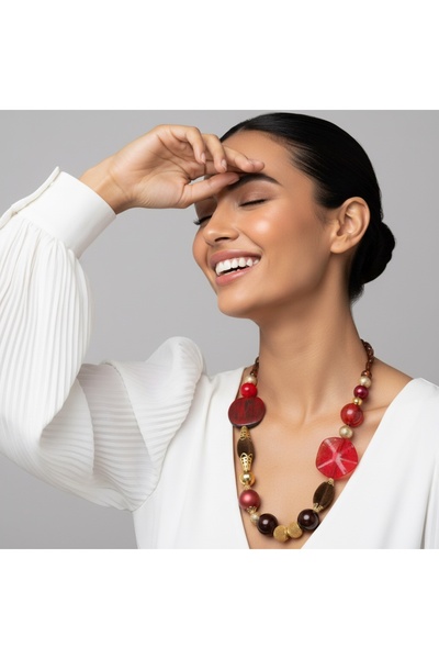 COCOSH TAKI Burgundy Red Pink Brown Gold Beaded Multi-Design Necklace