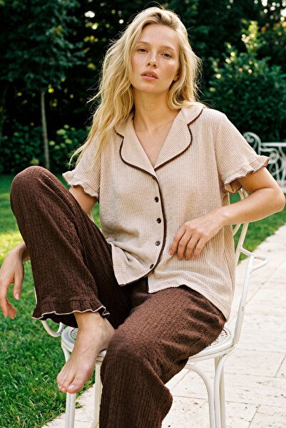 Siyah İnci Brown Cream Bürümcük-Krınkıl Short Sleeve Buttoned Ribbed Pajama S...