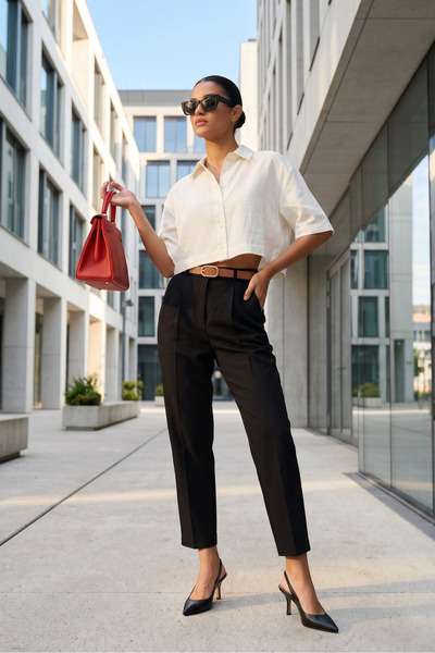 macharel jeans Belted Trousers with Pencil Pockets and Back Pocket Detail