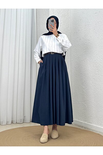 Holehola Simru Double Pocket Pleated Belted Skirt-Pa201 Navy Blue