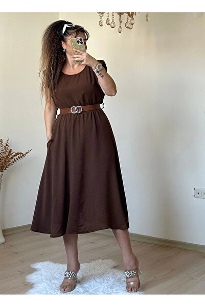 AZRA BUTİK Sleeve Detailed Midi Length Belted Dress Brown
