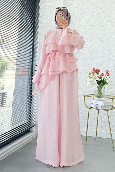MELEK ARAZ Premium Layered Voile Double Set – Pink