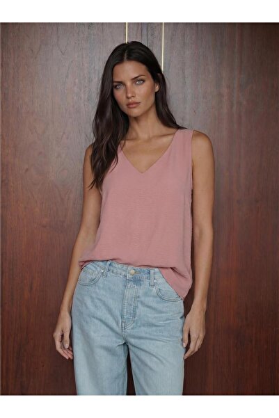 WeShaya Salmon Flexible Textured V-Neck Zero Sleeve Straight Cut Unlined Poly...