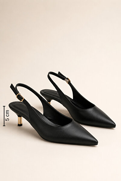 Women Lay-z Women's Black Leather Pointed Toe 5 cm Gold Heel Detailed Elegant...
