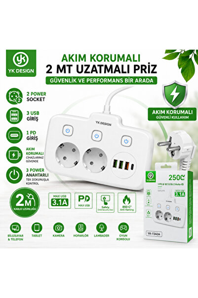 YK Design MENEKŞE AKIM KORUMALI PRİZ 2 SOKET 3 USB 1 PD GİRİŞ