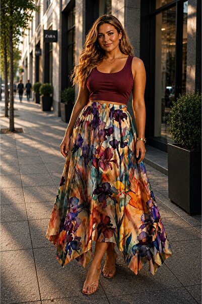 CALERA Plus Size Patterned Non-Exposing Long Skirt 46-60 Size Elastic Waist C...
