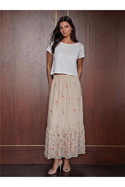WeShaya Suknja duge dužine od šifonske tkanine sa krem uzorkom, elastičnim st...