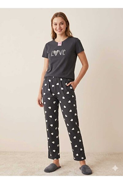 Shine Elagance Black Heart Detailed Soft Milan Fabric Short Sleeve Top Long B...