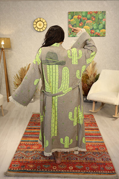 Befera Design Muslin Kimono 100% Cotton Cactus Patterned Jacquard Bathrobe Ka...