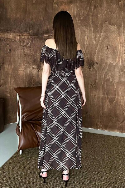 Caddebostan Moda Women's Plaid Lace Detailed Madonna Collar Belted Midi Dress