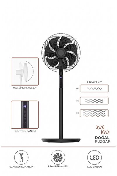 Başkenttekno Vantilatör 7 Pervaneli 3 Kademeli Kumandalı Dijital Ekranlı Ayak...