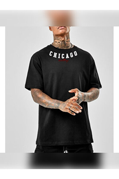 TİMİSİVA Unisex Oversized Printed Crew Neck Short Sleeve Black T-Shirt