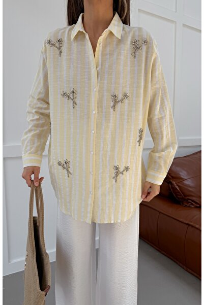 MİA NOURA Women's Striped Fabric Shirt with Hand-Applied Front Decoration