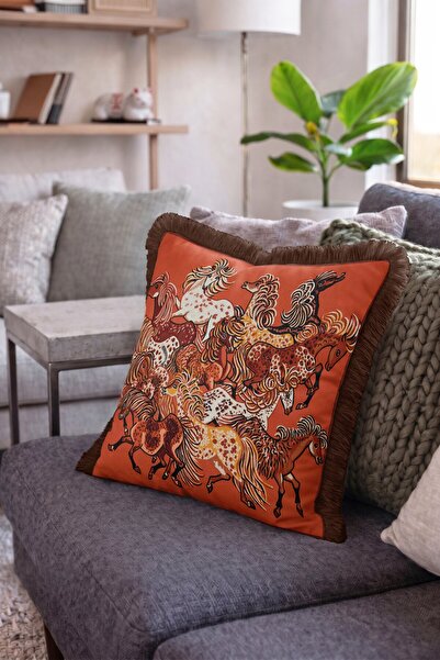 IdeCraft Running Horses Tapestry Fringed Throw Pillow Cover - Ethnic Pillowca...