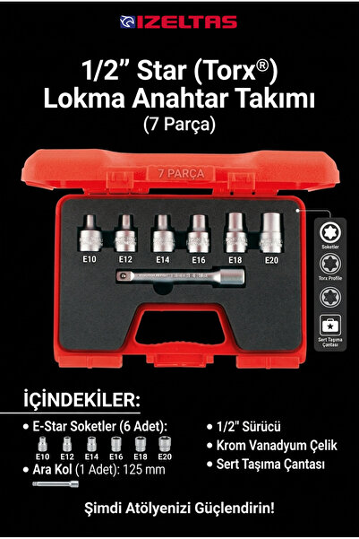 İzeltaş 1/2" 7 Parça E Torx (İç Torx) Lokma Anahtar Takımı
