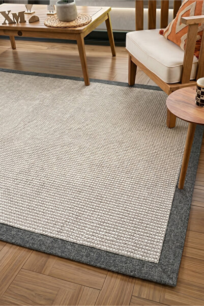 Santiva Home Helsinki Gri Beyaz Renk Kumaş Biyeli Bukle Halı Modern Oturma Od...