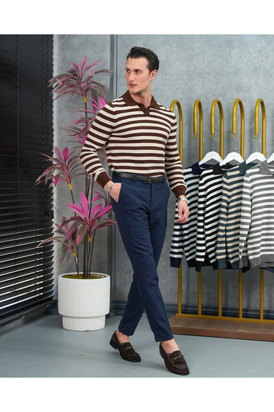MODEFENDİ Cotton Lycra Slim Fit Slim Knitted Horizontal Pattern Cut Collar Sw...