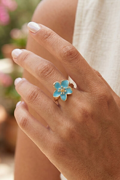 AURRARİ Gold Adjustable Turquoise Sakura Flower Ring