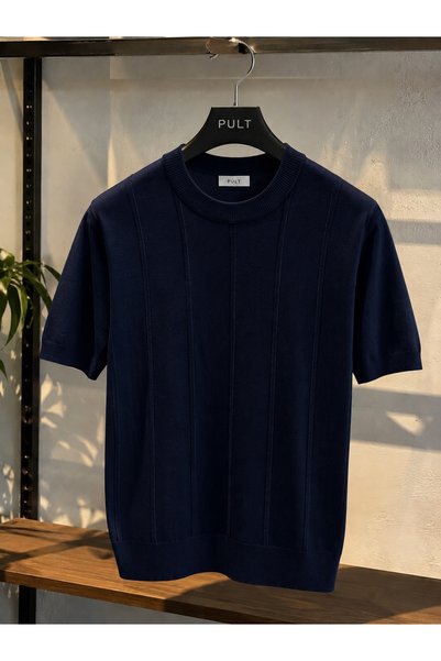 PULT Men's Striped Knitwear T-Shirt Regular Fit Crew Neck Short Sleeve Summer Sweater