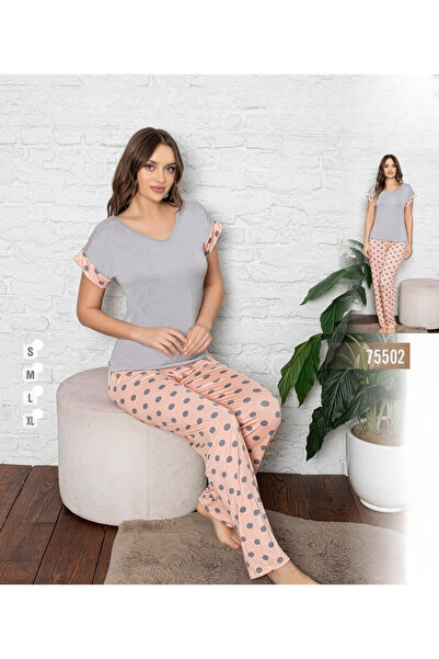 turkish Women's Two Piece Pajama Set - Grey Dotted Lace Sleeve Top & Salmon P...