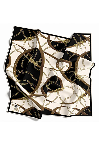VİOLLA Twill Kemer ve Zincir Desenli Siyah Renkli 90x90 Eşarp (İpek İçermez) ...