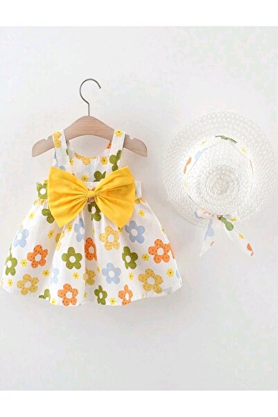 OEM Rochie fete cu palarie asortata, alba, model floricele, bumbac, 12-18 lun...