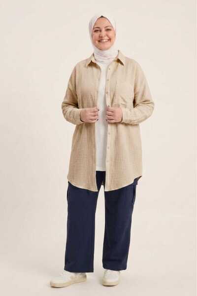 PORİENTO Beige Color Large Size Wide Fit 100% Cotton Muslin Fabric Women's Sh...